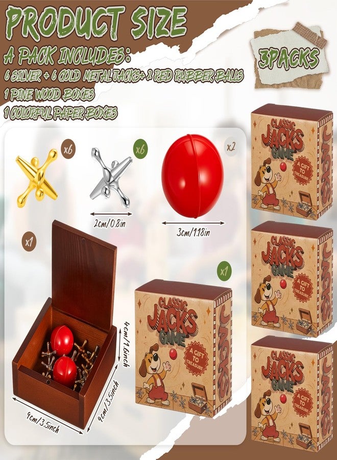 Gejoy 3 Packs Metal Jacks Set with 36 Metal Jacks and 6 Red Rubber Balls in Wooden Box Retro Jackstones Game for Adults Christmas End of Year Family Gatherings Gifts Birthday Party Favors - Image 2